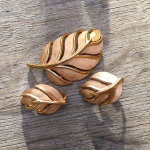 Trifari Leaf Brooch and Clip Earring Set